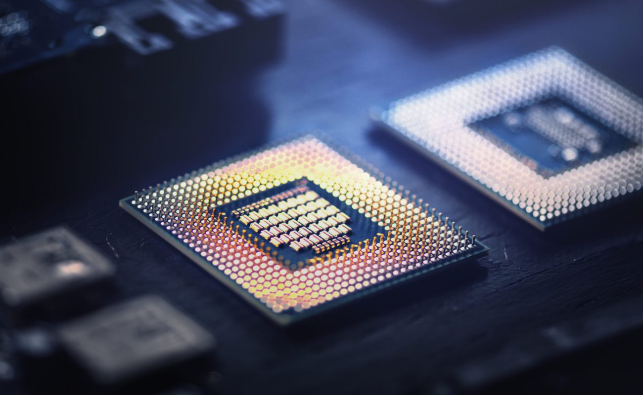 Smart microchip background on a motherboard closeup technology
